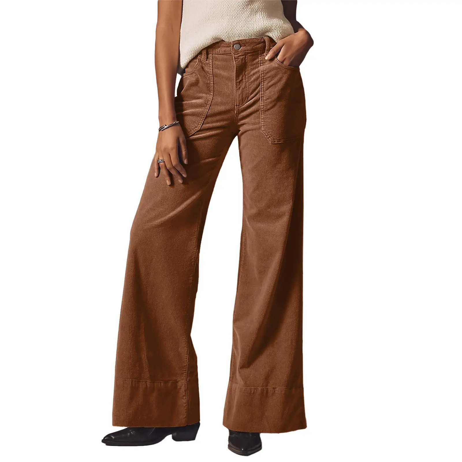EVALESS Women's Medium-High Stretch Corduroy Pants High Waisted Button-Zipper Wide Leg Trousers Deals For You Days summer outfits,back to school shopping,clothes for back to school,first day of school outfits