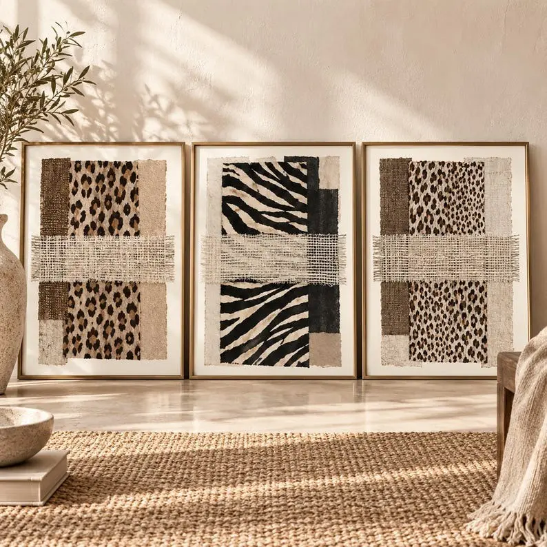 3-Piece Neutral Animal Print Wall Art Set - Leopard, Zebra, Cheetah Textile Collage, Trendy Stockholm-Style Unframed Home Decor Poster