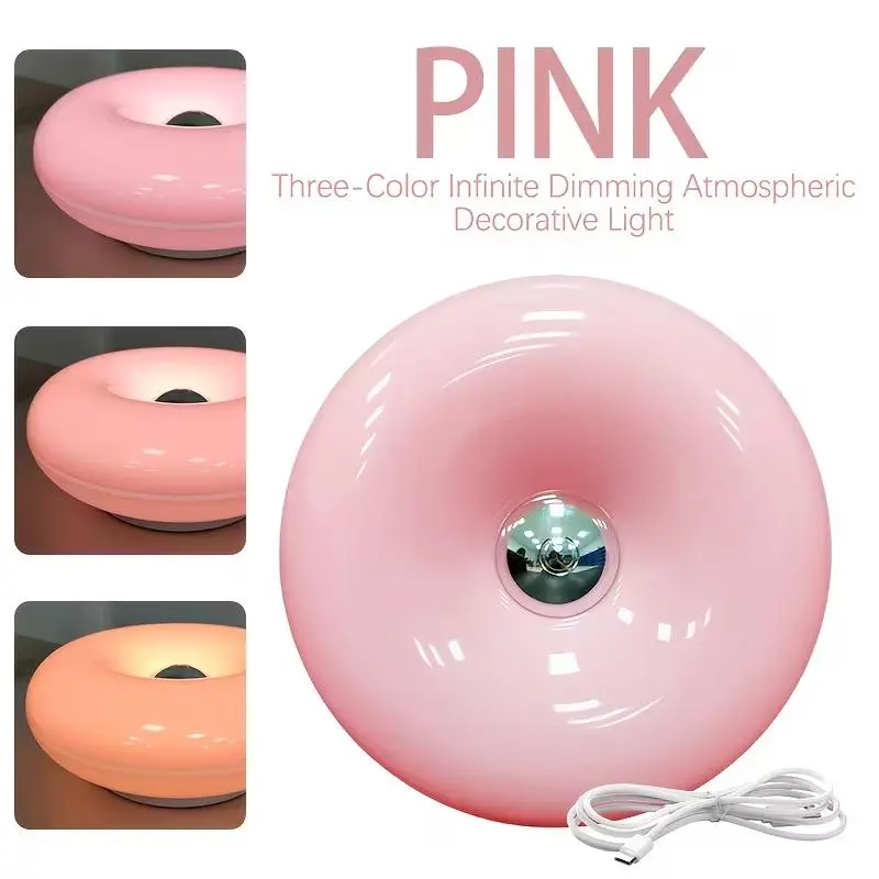 2026 New Style Lighting LED Table Lamp Modern Orange Donut Touch Light with Touch Switch Adjustable Brightness & Color Temperature USB Rechargeable for Bedroom Desk or Ambient Decor Playful Design(Pink)
