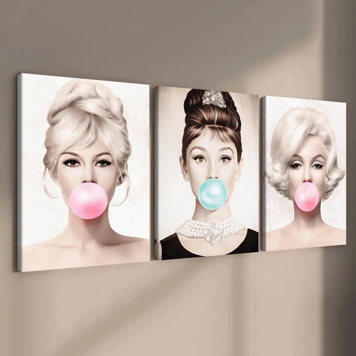 3 count wooden frame canvas prints, retro celebrity blowing bubble fun poster, fashion character art, exquisite mural, stylish bedroom decoration, modern home decoration, living room and corridor wall decoration, HD, waterproof, art