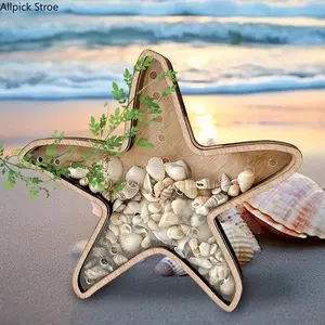 Coastal Seashell Display Box with Wooden Frame, Beach House Decor Shadow Box Featuring Starfish and Ocean-Inspired Accents, Nautical Memory Keepsake Storage for Living Room, Bathroom, Shelf Styling and Summer Coastal Home Decoration