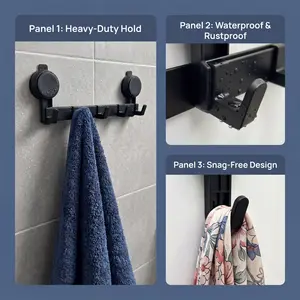 Black 5-Hook Suction Cup Wall Rack No Drill Damage Free Reusable Coat Hanger Heavy Duty Organizer for Entryway Bathroom Kitchen Waterproof Rustproof