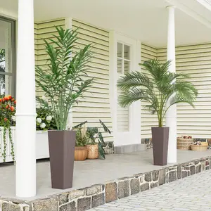 23.6 in Tall Rattan-Weave PP Plastic Planters, Set of 2 Large Weather-Resistant Stackable Pots with Drainage Holes for Front Porch & Garden, Brown Modern Outdoor Containers for Trees & Faux Greenery