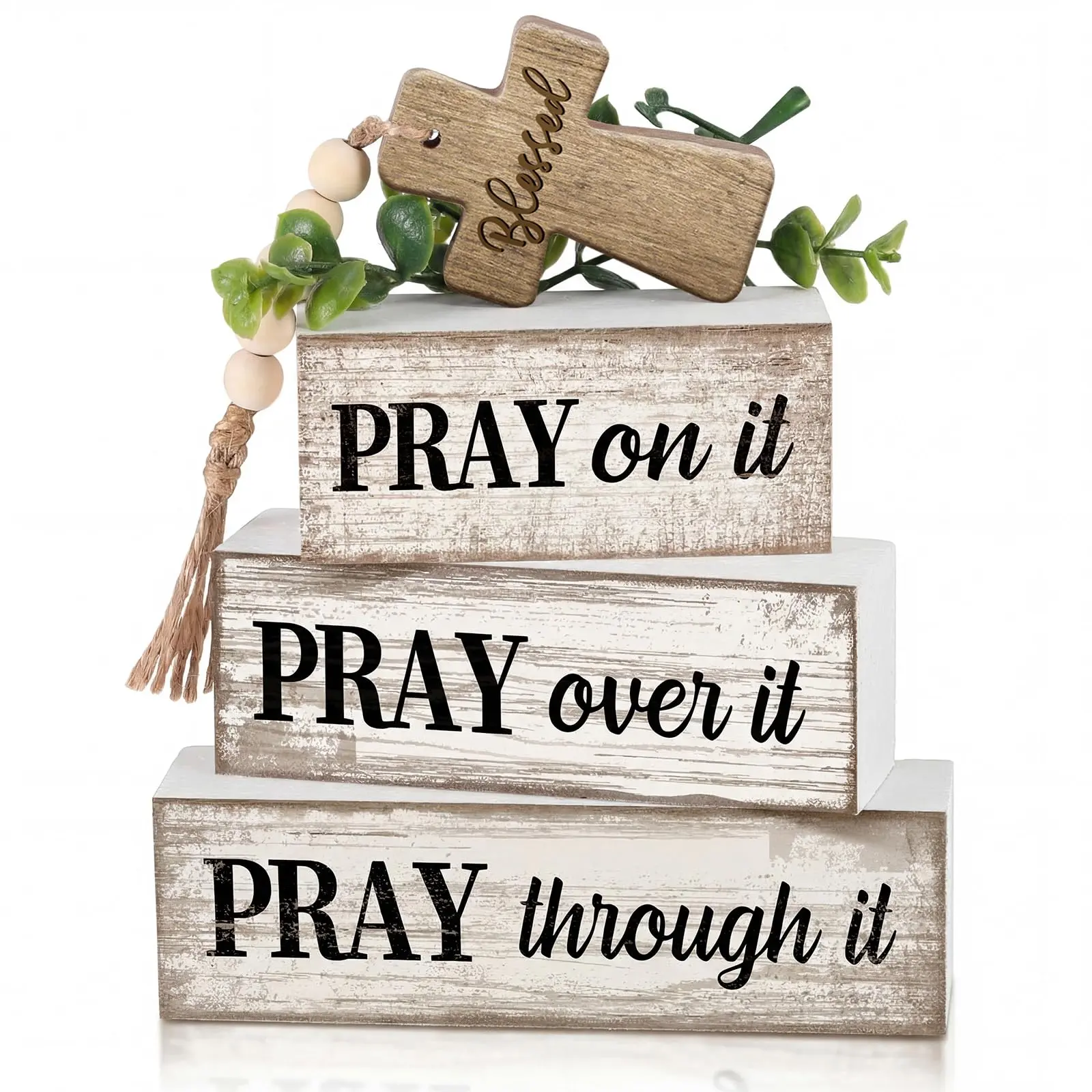 4-Piece Christian Dining Table Decor Set - Wooden Cross, Bible Verse Plaque, Prayer Block Sign, French Country Home Decor Items for Christianity, Mother's Day Centerpiece, Religious