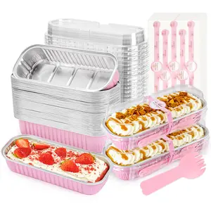 100Pcs 6.8oz Mini Rectangular Aluminum Foil Cake Pans with Lids and Spoons, Disposable Mini Cheesecake Boxes for Home Baking and Dessert Storage