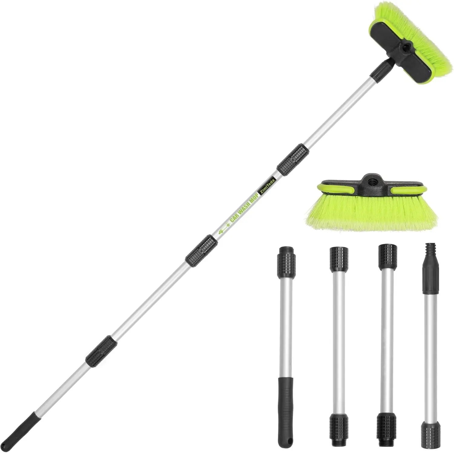 65”/165cm Extendable Car Wash Brush Kit with Aluminum Rods, Long Handle, Soft Bristles, 4 Handheld Grips, Rotating Threads – for RV Boats Trucks, Solar Panels, House Siding
