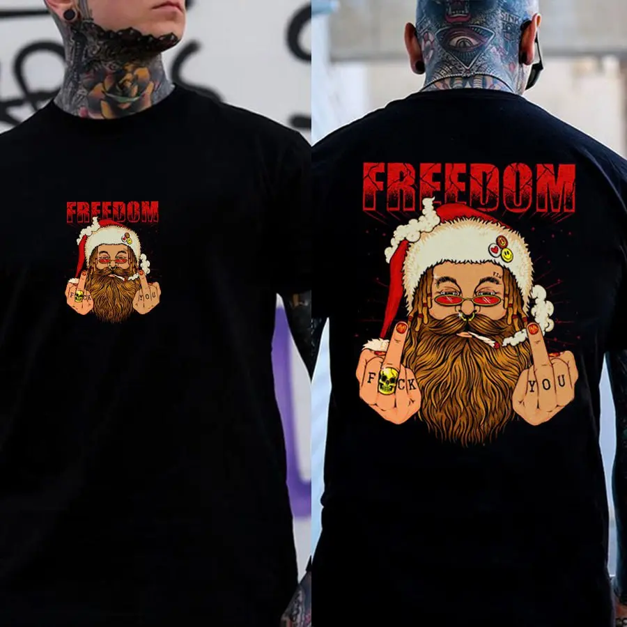 Casual Streetwear T-Shirt for Men with Defiant Santa Claus Graphic Print, Short Sleeve Menswear, Shortsleeve, Round Neck, Top, Tshirt, Tops, Santa Theme