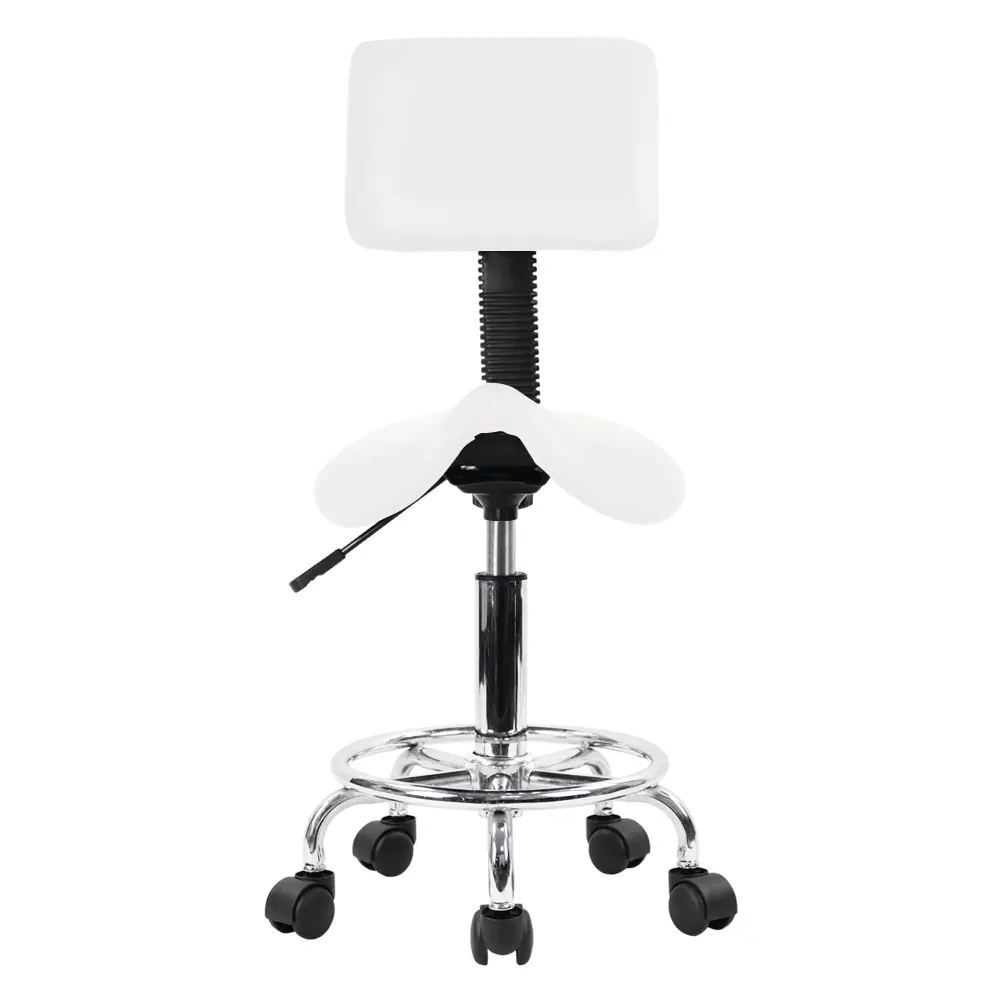 KKTONER Saddle Stool with Foot Rest PU Leather Swivel Adjustable Rolling Stools with Back Support Facial Salon Kitchen Chair (White)