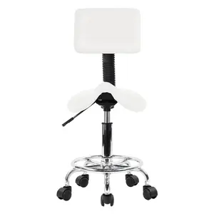 KKTONER Saddle Stool with Foot Rest PU Leather Swivel Adjustable Rolling Stools with Back Support Facial Salon Kitchen Chair (White)
