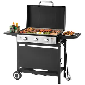 VEVOR Gas Griddle, 3-Burner Flat Top Grill, Propane Griddle with Wheels, Lid, 3 x 11000 BTU Outdoor Flat Top Grills for Pan-Frying, Grilling, Stir-Frying, & BBQ, Pulse Ignition, Removable Top Design