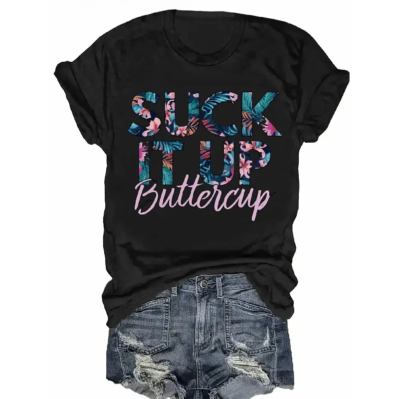 Plus Size - Plus Size - 1pc Women'S Casual T-Shirt with Suck It Up Buttercup Letter Print, Crew Neck, Short Sleeve, Regular Length - Fabric Alphabet Pattern Top for All Seasons, Ladies T Shirts