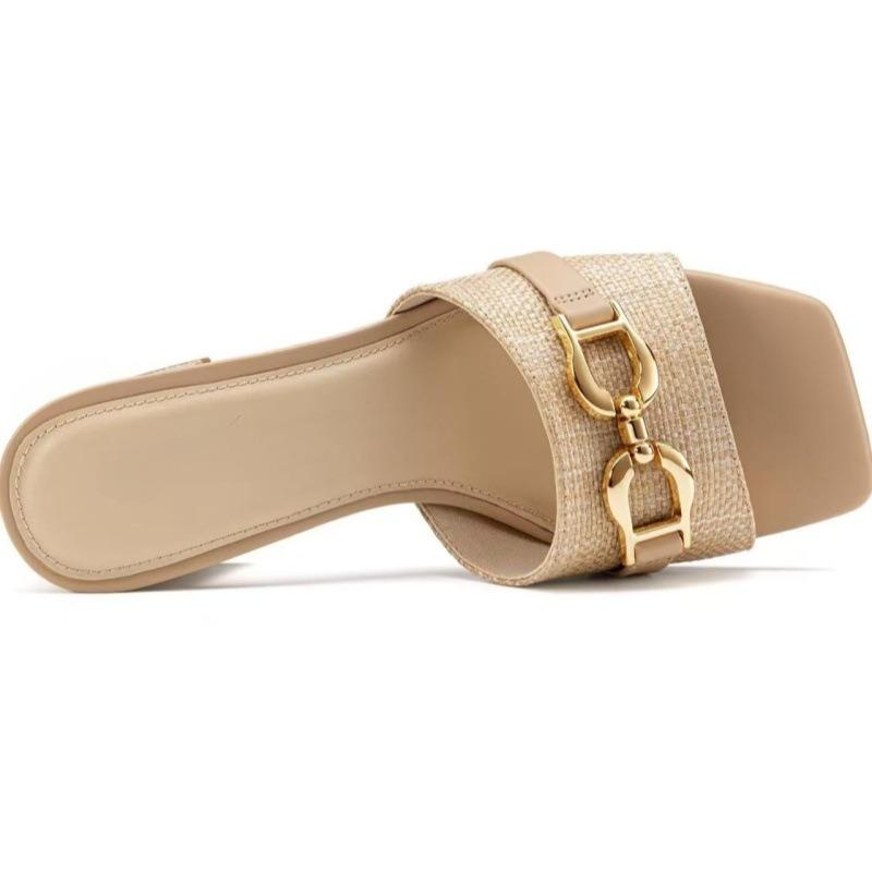 Women's Raffia Heeled Sandals Square Open Toe Slip On Mules Chunky Block Heels with Metal Chain for Summer Vacation