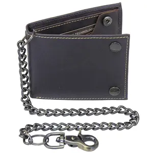 Jamin Leather RFID Charcoal Bifold Chain Wallet with Snaps & Antique Brass Chain #WC513530K Cowhide Leather Classic Style