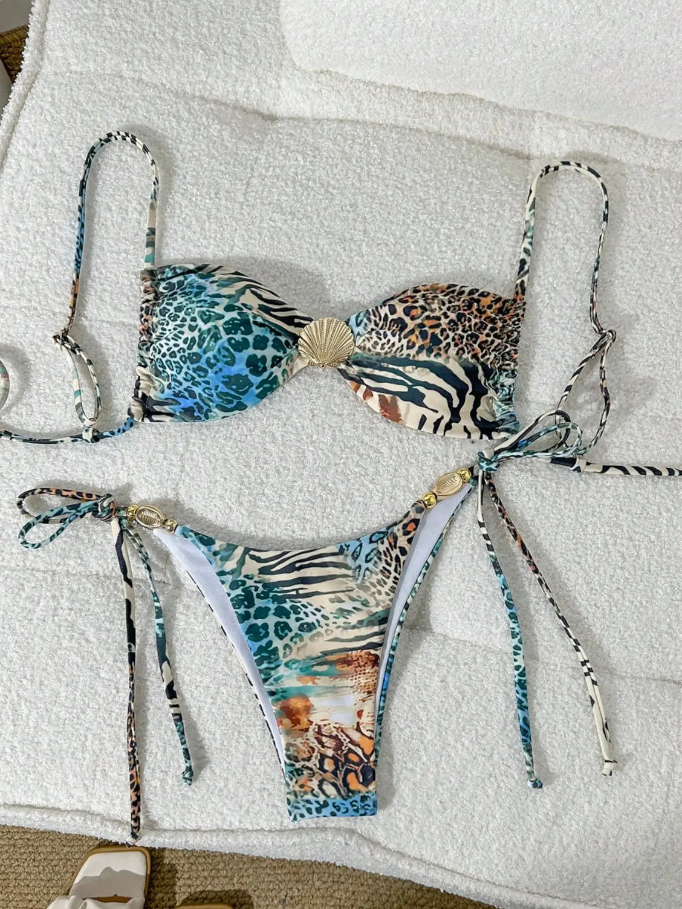 Women's Summer Beach Swimwear Set, Adjustable Straps, Shell Decoration, Wireless Top, Side Tie Bottom, Multicolor Bikini, Swimsuit, Beach Bikinis
