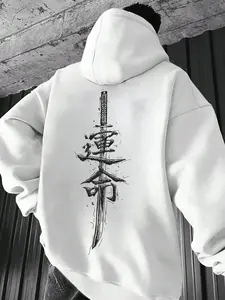 Japanese Samurai Fate Hoodie for Men - Oversized Knit Long Sleeve Pullover Sweatshirt with Katana & Kanji Print, 2025 Trendy Anime Streetwear