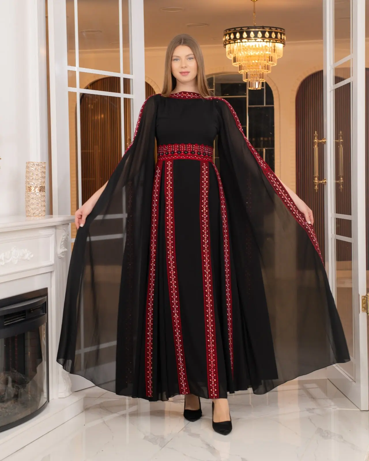 Palestinian Embroidered Butterfly Sleeves Thobe with Matching Tarha Shawl (Black and Red)