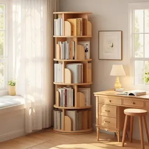 5 Tier Rotating Bookshelf, 360 °   Display Round Spinning Bookshelf, Space-Saving, Small Space Rotating Bookshelf Tower for Bedroom, Living Room, Home, Office, Wood Color