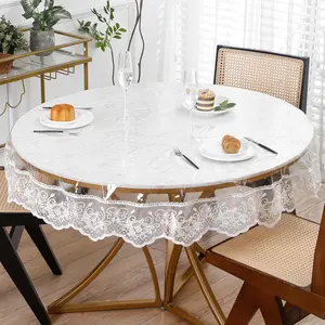 Clear Round Tablecloth Protector with Lace Around Waterproof Oil-PVC Table Cloth Stain-Resistant Wipeable Table Cover for Round Table