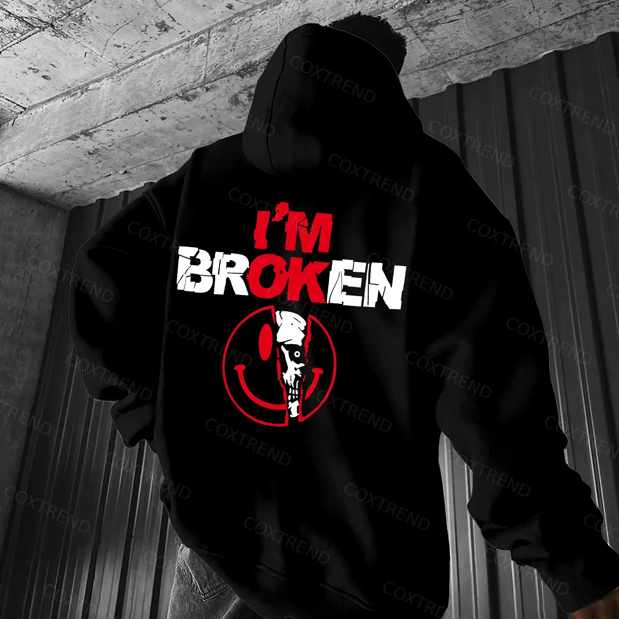 Men's "I'm Broken" Funny Graphic Pullover Hoodie, Casual Long Sleeve Streetwear Sweatshirt with a Kangaroo Pocket, Menswear