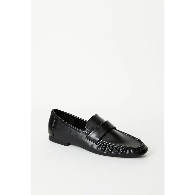 JUSTFAB Women's Classic Design Faux Leather Ruched Slip-On Penny Loafers - 0.5" Low Heel, Padded, Comfy Walking Shoes, Business & Everyday Casual Flats for Women