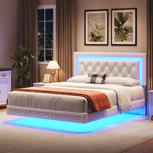 TryLazy Floating Bed Frame with LED Lights Upholstered Modern Platform Bed Diamond Tufted Headboard Noise Free Comfort