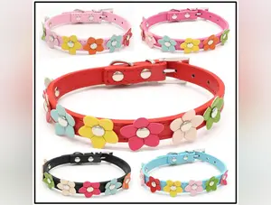 PU Pet Collar Colorful Flower Dog Belt A Row Of Small Flower Dog Collar
