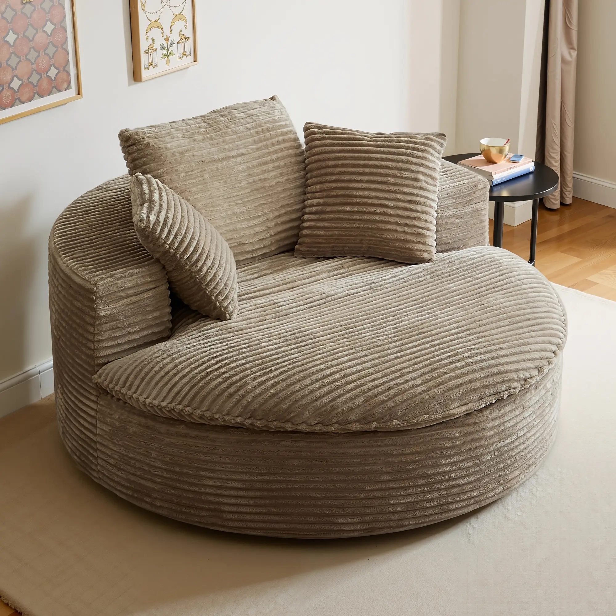 Contemporary Modular Sectional Sofa Bed - Comfy Couch, Boneless Corduroy Fabric, Round Shape, Ribbed Texture, Memory Foam, 59" Width, 39" Depth, No Assembly, 3 Pillows, Space-Saving Indoor Living Room Bedroom Furniture