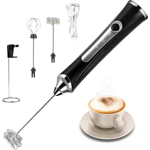 Handheld Rechargeable Electric Milk Frother with Stand 3 Speed Adjustable Detachable 2 Stainless Whisks Foam Maker Stirrer for Latte Cappuccino Egg