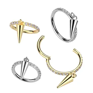 16G Dangle Spike Clicker Hoop • Diamond Paved • Dangle Conch Ring • Helix Hoop Ring • Hinged Clicker Hoop • Rook Hoop • Gold • Titanium