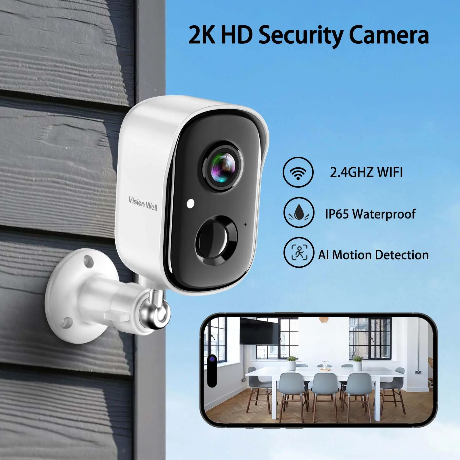 Vision Well Rechargeable Security WiFi Camera for Home Safety - 1080p HD WiFi, Spotlight, AI Siren, Color Night Vision, 2-Way Audio, SD/Cloud Storage, Phone Connectivity, Installation