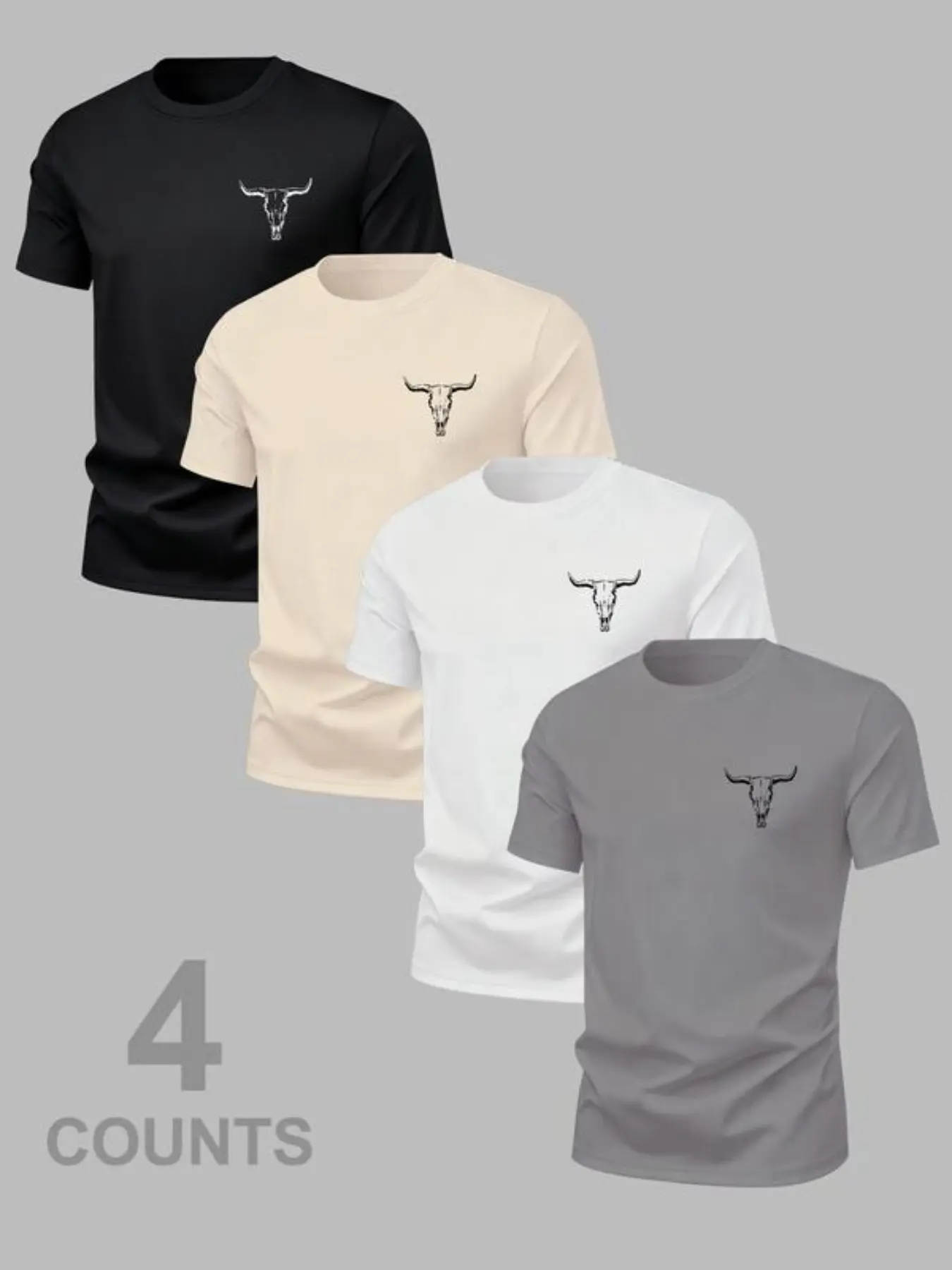 Men's Versatile Cow Head Animal Print T-Shirt 4 Pack, Summer Round Neck Short Sleeve Tshirt, Casual Comfortable Top for Outdoor Wear, Casual Summer Clothing