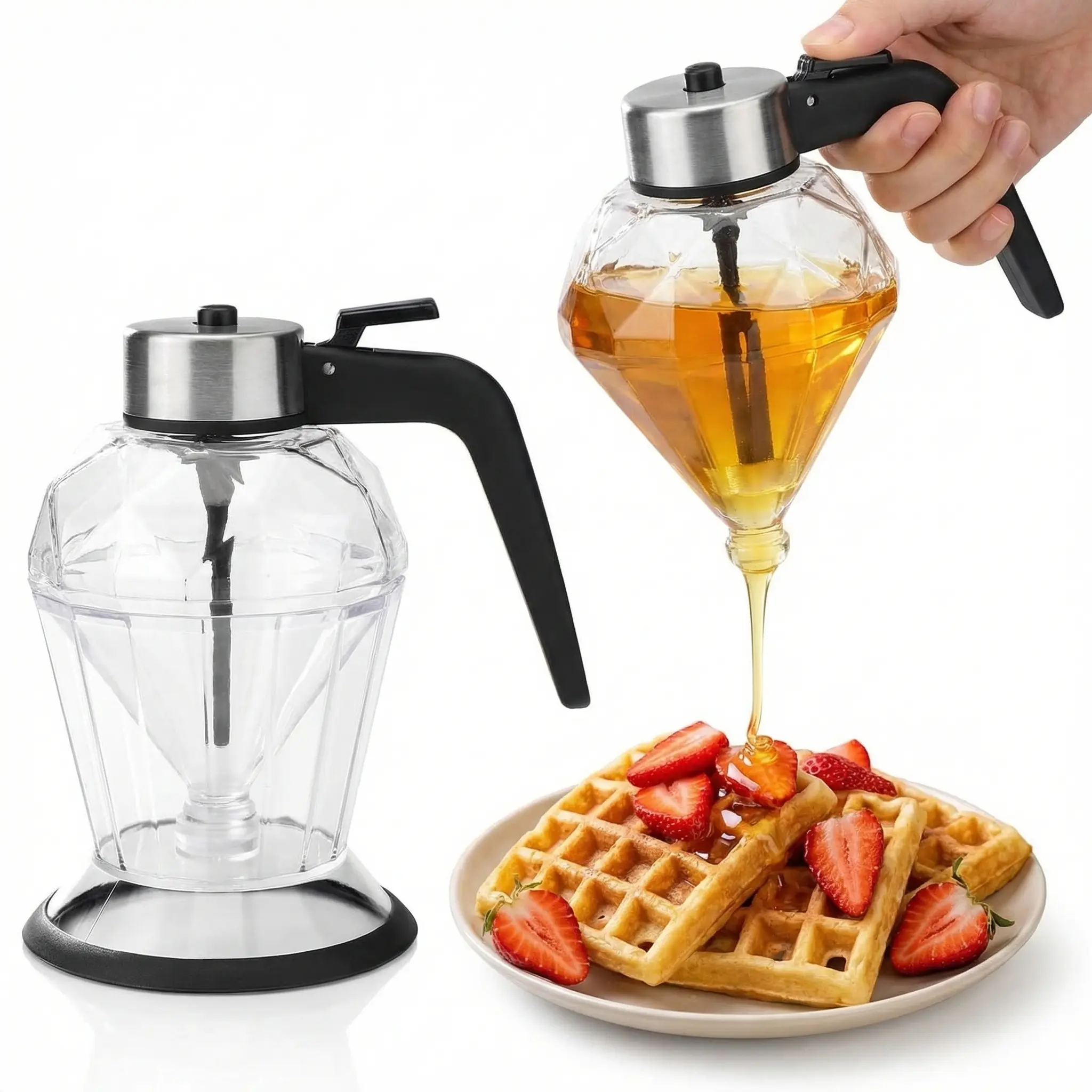 Diamond Shaped Honey and Syrup Dispenser, No-Drip 200 ml Glass Honey Jar with Stainless Steel Press Trigger, Clear Glass Maple Syrup Bottle for Pancakes, Waffles, Oatmeal and Kitchen Countertop