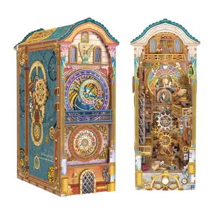 Tonecheer DIY Book Nook Kit for Adults, 3D Wooden Puzzle Bookend Miniature House, Bookshelf Insert Decor with Dust Cover, LED Lights, Clock Tower, Craft for Spring Glow-Up, Summer Vibes