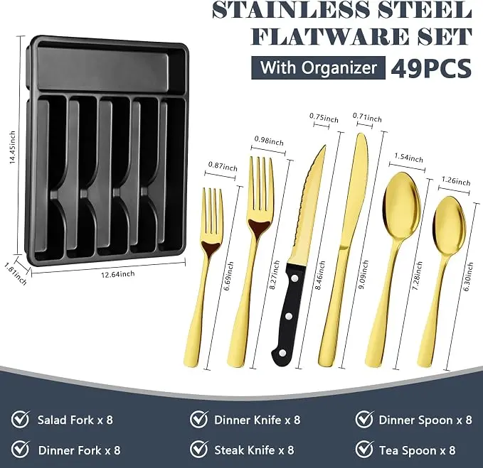 49-60 Piece Multicolored & Gold Flatware  in Color Box, Stainless Steel Cutlery  for 8 with Storage Tray, Mirror Polished Silverware  for Home porcelain  16-piece White Disposable  Set ceramic kitchen modern tableware dish gift food Kid Dinnerware