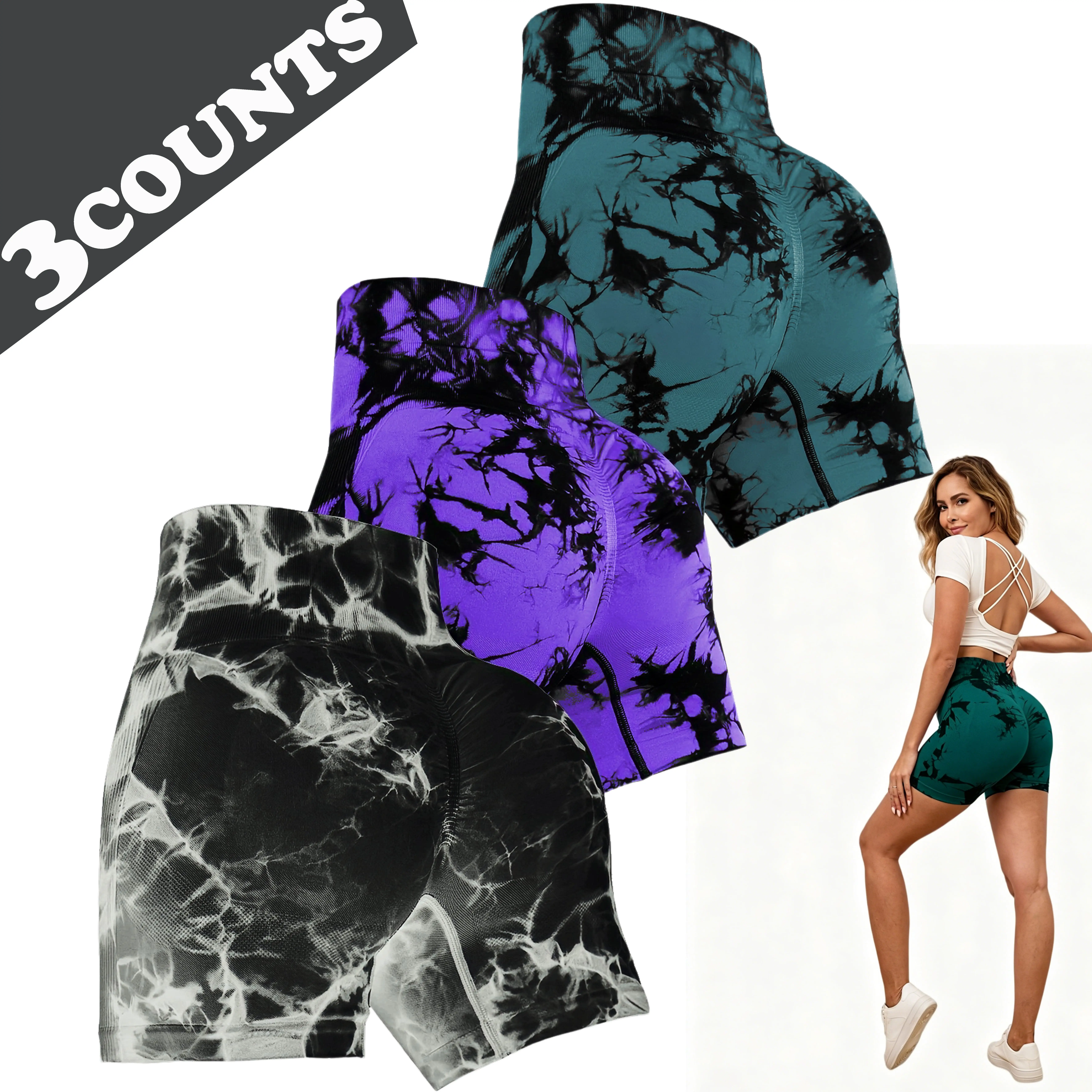 #Summervibes   Women's 3-Piece Tie-Dye Biker Shorts - High-Waisted, Buttock-Lifting Female Polyester Blend Shorts, Multi-Size for Gym, Yoga, Three Pieces summerwins