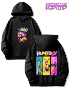 Girls Kpop Demon Hunters Korean Fashion Long Sleeve Hoodie, Cartoon Print Casual Fitted Sweatshirt, Spring & Fall Comfortable High-Quality Sportswear