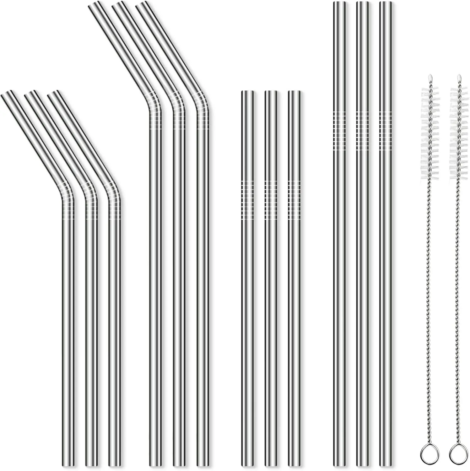 12 Pack Reusable Stainless Steel Metal Straws, 3 Straight + 3 Bent 10.5 Inch and 3 Straight + 3 Bent 8.5 Inch Metal Straws for 20 24 30 oz Tumblers Dishwasher Safe - 2 Cleaning Brushes Included
