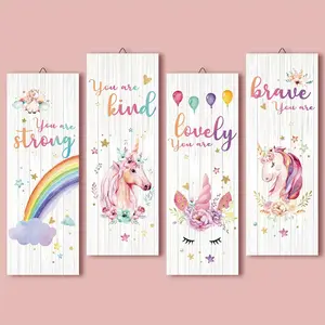 Wooden Unicorn Rainbow Wall Decor Set - Cute Horse Design - 4-Piece Inspirational Quotes Wall Art for Bedroom, Living Room, and Playroom - Peel and Stick Easy Install Daughter Girls Decor