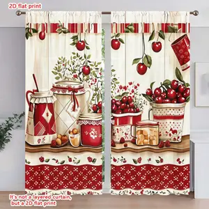 2D Flat 2Pcs farmhouse style kitchen curtains with cherry jar print, pole hung semi blackout, transparent,, dining room, home decorative, living, bedroom, b, Home Decoration Curtain