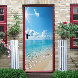 2pcs Summer Beach Scene Wall Stickers Living Room Bedroom Decorative Stickers Self Adhesive Removable Waterproof Murals Ocean Theme Blue Sky White Clouds Sandy Beach Waves Background Wall Decals Home W