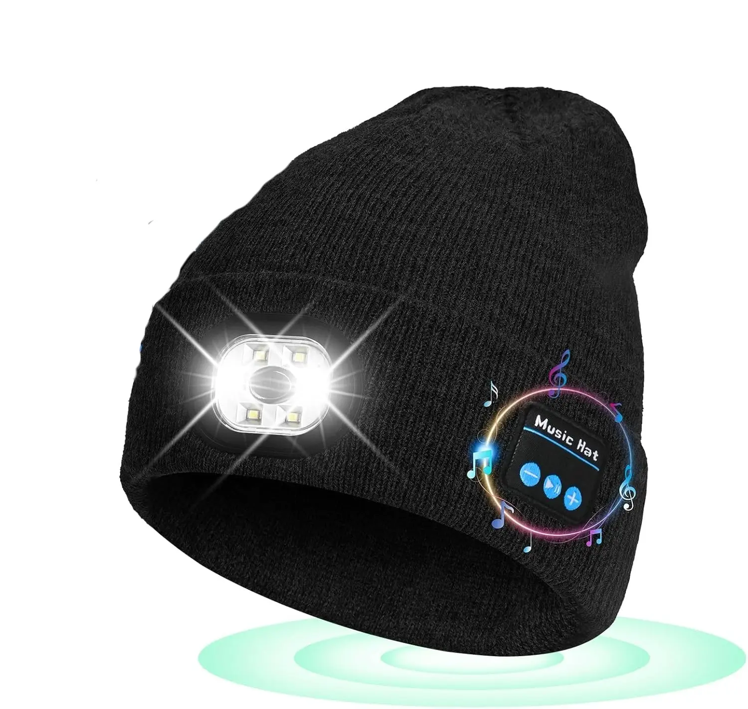 Bluetooth Beanie with 6 LED Lights, USB-C Rechargeable USB Port, Built-in Stereo Speakers & Mic, Sports Outdoor Hat for Camping Bike Rides, Christmas Stocking Stuffers White Elephant Gifts for Men