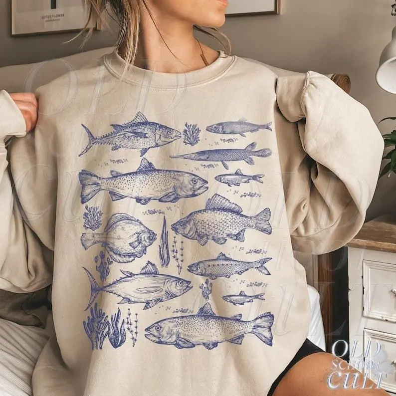 [Sale Up To 50%] Vintage Fish Sweatshirt, Retro Ocean Graphic, Fisherman Gift Crewneck, Coastal Cottagecore Sweater, 90s Style streetwear graphic tee