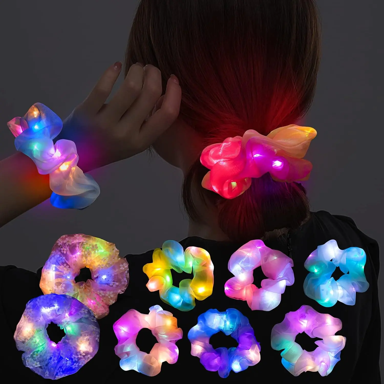 8 count LED Scrunchies for Women - Scrunchy, Light Up Scrunchies for Girls, Colorful Yarn Hair Tie Multi Light Modes, Glow in the Dark Hair Accessories for Christmas Rave Party (#01)