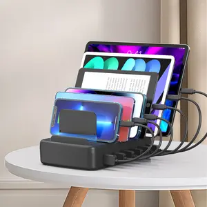 Fast Charging Station for Multiple Devices, 50W 6-Port USB Charging Station with 14 Slots, 7-Detachable Dividers ,  Multi-Function Charging Station for Phones/iPad/Tablets (6 Short Cables Included) Black