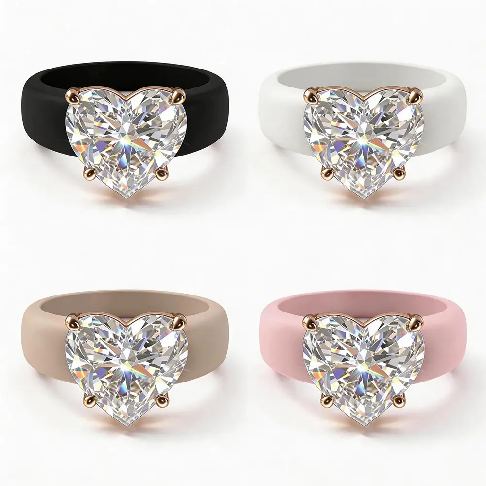 1pc women's heart-shaped diamond silicone ring, 4-color rose gold plated heart-shaped single diamond ring, silicone wedding ring