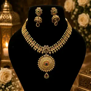 Elegant Gold-Plated Pendant Necklace with Multicolor AD Stones, Matching Earrings Set