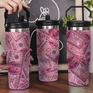 30oz Stainless Steel Insulated Tumbler with Leak-Proof Lid & Portable Handle - Pink dollar banknotes shining pattern,Long-Lasting Hot/Cold Insulation,Perfect for Car,Office,Travel and Birthday Gifts, Travel Drinkware,Horse Drink Water Bottles
