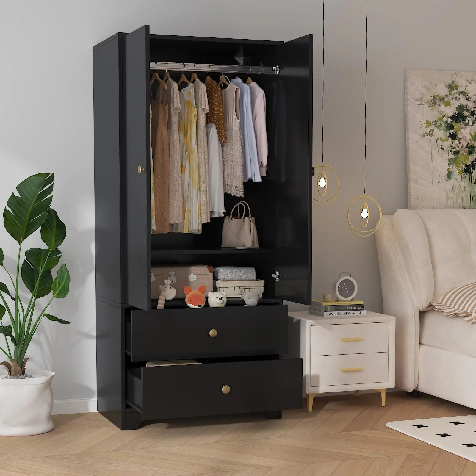 71" Armoire Wardrobe Closet with 2 Doors & 2 Drawers, 19.7" Extra Deep Clothing Storage Cabinet with Hanging Rod for Bedroom
