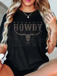 100% Cotton Unisex Retro Howdy Cow Bull Skull Cowboy Cowgirl Western Country T-Shirt, Printed Round Neck Short Sleeve T-Shirt Top