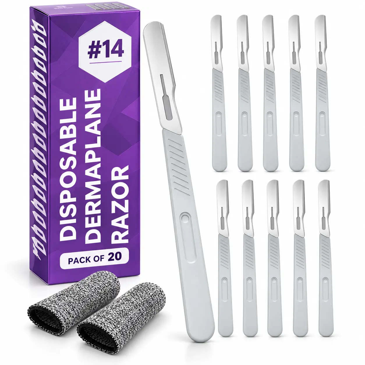 MyMed Dermaplaning Razors for Women, 20-Pack Facial Razors for Peach Fuzz, Upper Lip & Brow Grooming, Rounded Edge, 2 Finger Sleeves